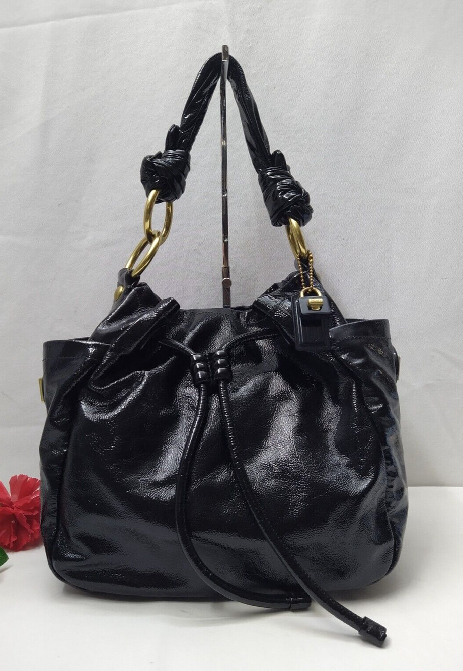 Coach Resort Black Patent Leather Drawstring Pockets Hobo Shoulder Bag